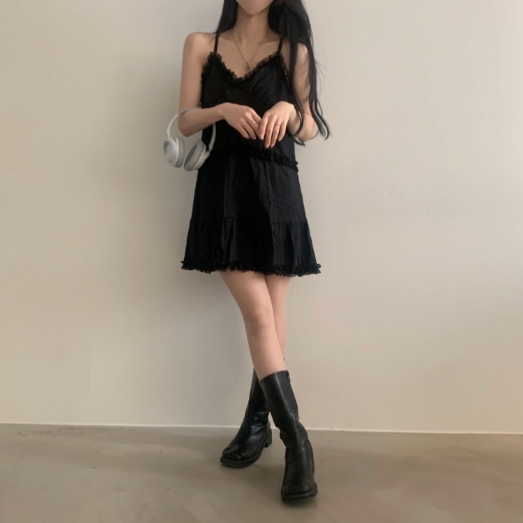 도티 레이스 끈나시 프릴 쉬폰 미니원피스 2color 블랙