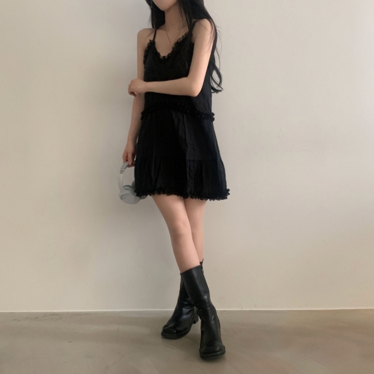 도티 레이스 끈나시 프릴 쉬폰 미니원피스 2color 블랙