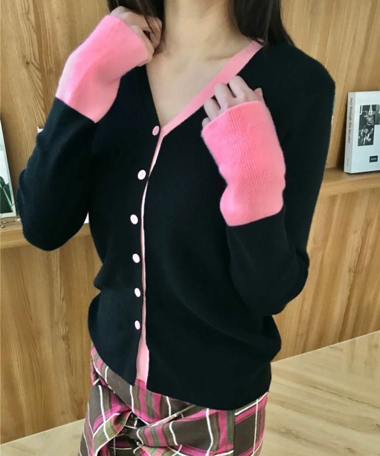 配色Vネックスリムフィットカーディガン PINK