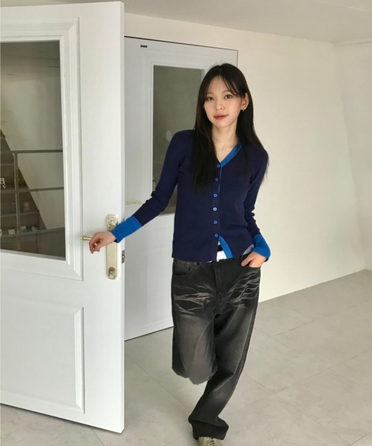 配色Vネックスリムフィットカーディガン BLUE