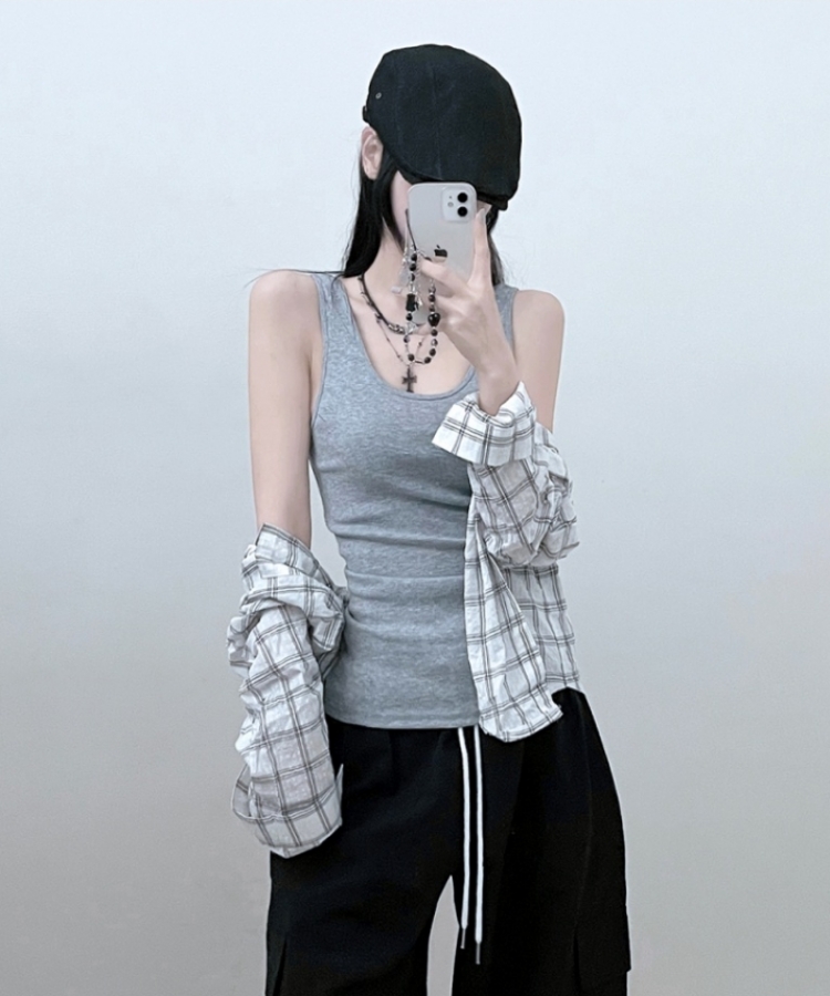 면슬림유넥라운드레이어드롱나시 그레이