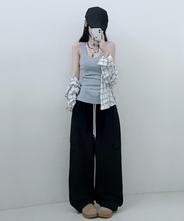 면슬림유넥라운드레이어드롱나시 그레이