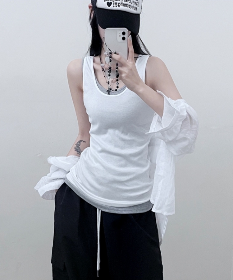 면슬림유넥라운드레이어드롱나시 화이트