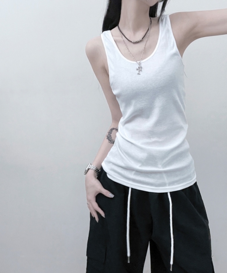 면슬림유넥라운드레이어드롱나시 화이트