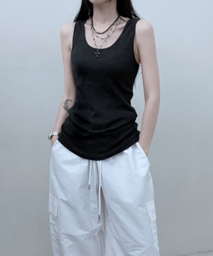 면슬림유넥라운드레이어드롱나시 차콜