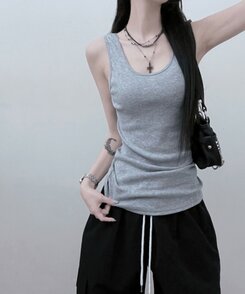 Uネックラウンドレイヤードロングタンクトップ GRAY