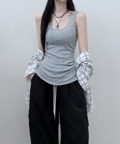 Uネックラウンドレイヤードロングタンクトップ GRAY