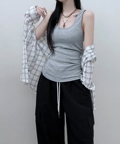 Uネックラウンドレイヤードロングタンクトップ GRAY