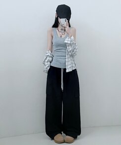 Uネックラウンドレイヤードロングタンクトップ GRAY
