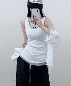 Uネックラウンドレイヤードロングタンクトップ WHITE