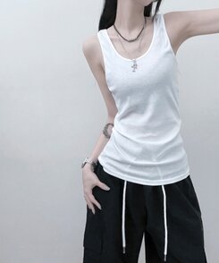 Uネックラウンドレイヤードロングタンクトップ WHITE