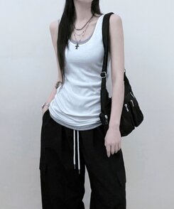 Uネックラウンドレイヤードロングタンクトップ WHITE