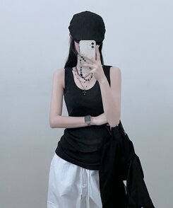 Uネックラウンドレイヤードロングタンクトップ CHARCOAL