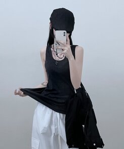 Uネックラウンドレイヤードロングタンクトップ CHARCOAL