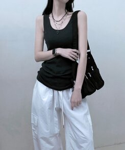 Uネックラウンドレイヤードロングタンクトップ CHARCOAL