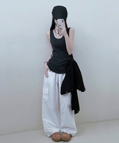 Uネックラウンドレイヤードロングタンクトップ CHARCOAL