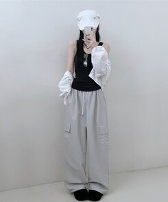 Uネックラウンドレイヤードロングタンクトップ BLACK