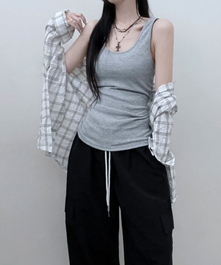 면슬림유넥라운드레이어드롱나시 그레이