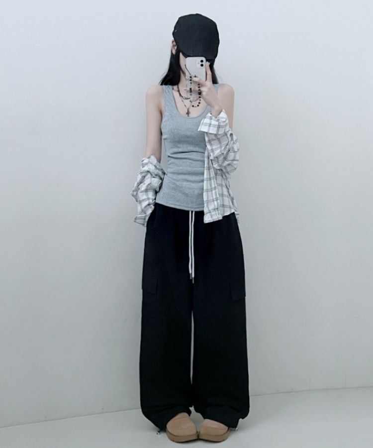 면슬림유넥라운드레이어드롱나시 그레이