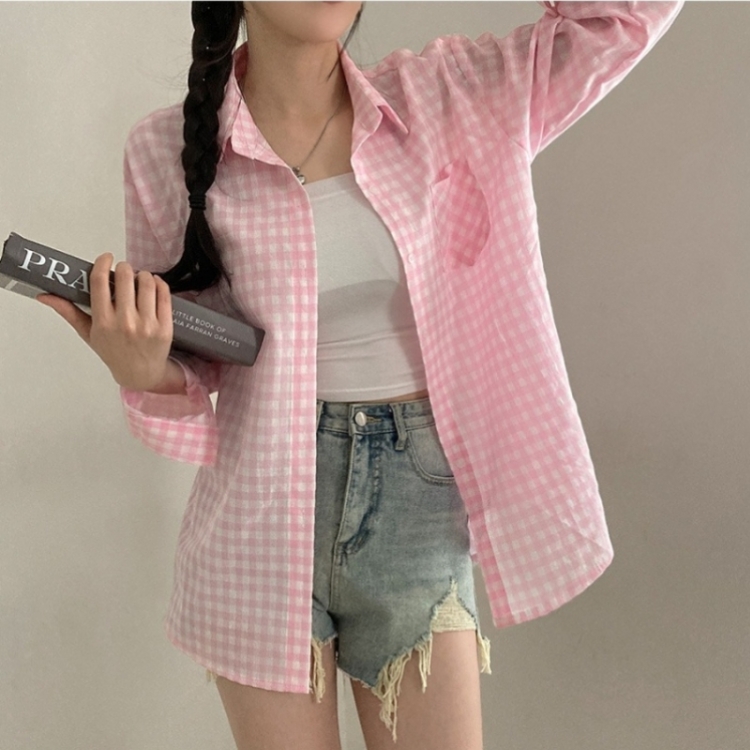 힐스 오버핏 긴팔 체크 남방 셔츠 핑크