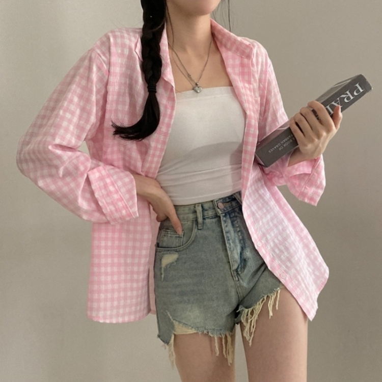 힐스 오버핏 긴팔 체크 남방 셔츠 핑크