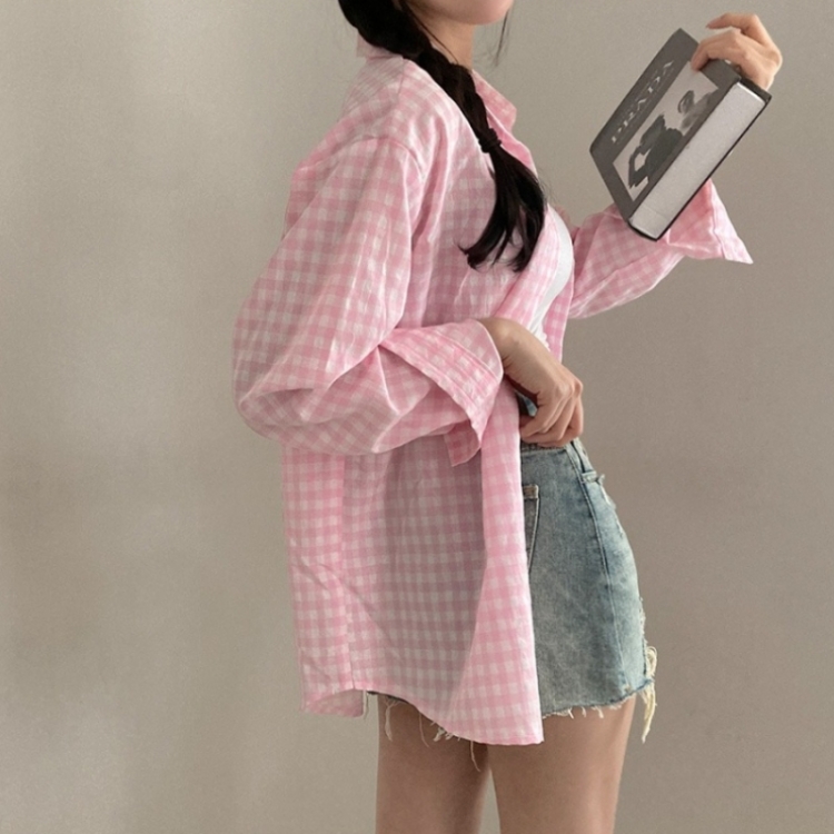 힐스 오버핏 긴팔 체크 남방 셔츠 핑크