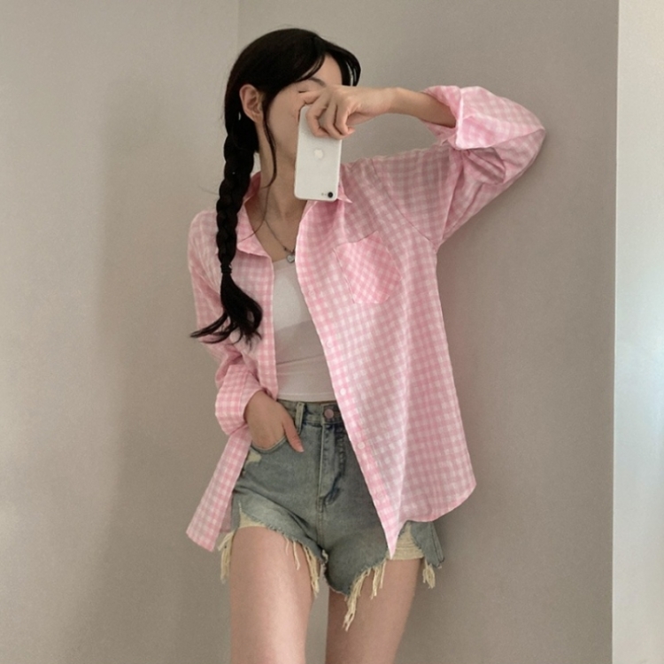 힐스 오버핏 긴팔 체크 남방 셔츠 핑크