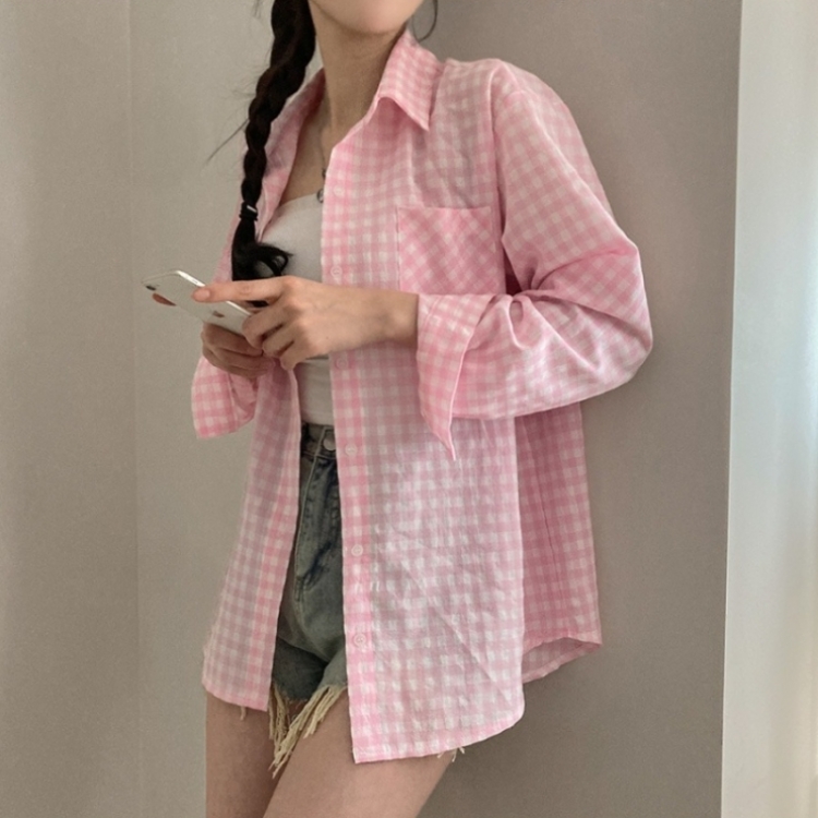 힐스 오버핏 긴팔 체크 남방 셔츠 핑크