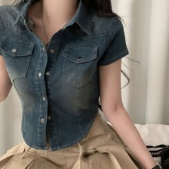 ジャケット クロップデニム半袖ジャケットシャツ DARK BLUE