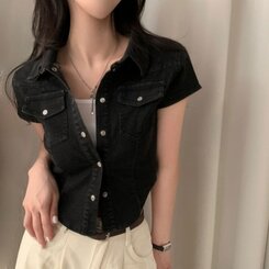 ジャケット クロップデニム半袖ジャケットシャツ BLACK