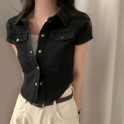 ジャケット クロップデニム半袖ジャケットシャツ BLACK