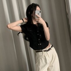 ジャケット クロップデニム半袖ジャケットシャツ BLACK