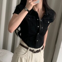 ジャケット クロップデニム半袖ジャケットシャツ BLACK