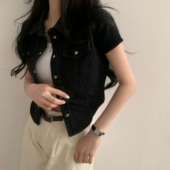 ジャケット クロップデニム半袖ジャケットシャツ BLACK