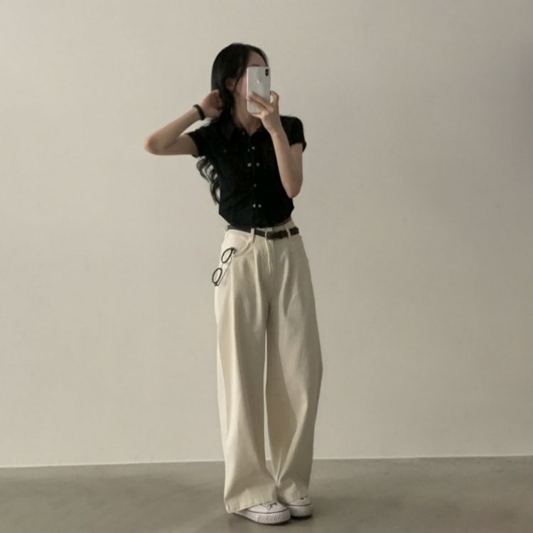 クロップデニム半袖ジャケットシャツ BLACK