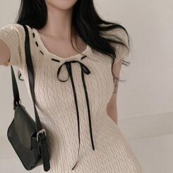 ミニワンピース リボンケーブルニット半袖ミニワンピース BEIGE
