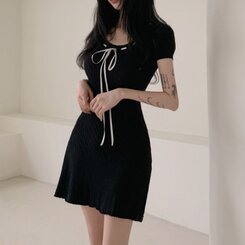 ミニワンピース リボンケーブルニット半袖ミニワンピース BLACK