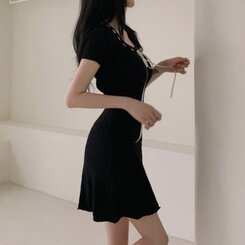 ミニワンピース リボンケーブルニット半袖ミニワンピース BLACK