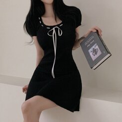 ミニワンピース リボンケーブルニット半袖ミニワンピース BLACK