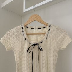 ミニワンピース リボンケーブルニット半袖ミニワンピース