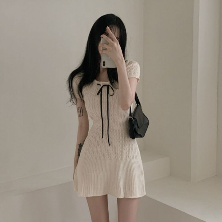 リボンケーブルニット半袖ミニワンピース BEIGE