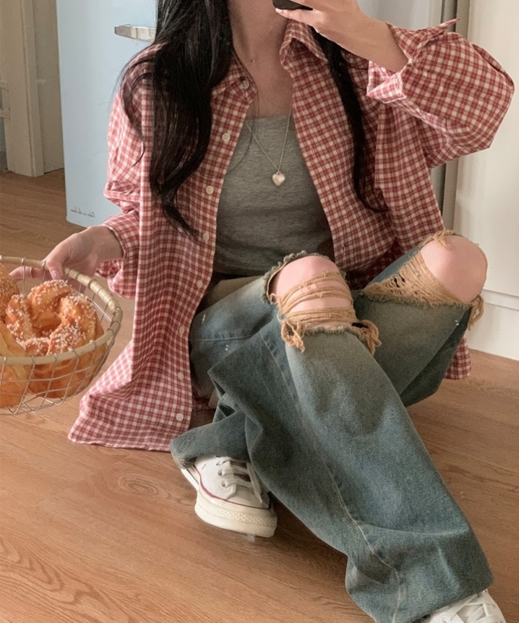 デイリールーズフィットチェックシャツ RED