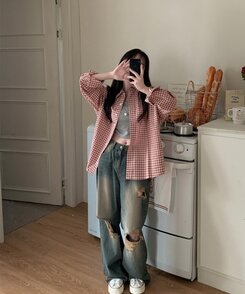 デイリールーズフィットチェックシャツ RED