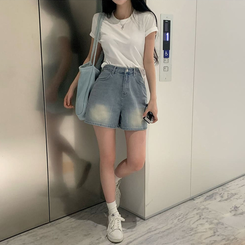 ショートパンツ ベーシックデニムミディAラインパンツ LIGHT BLUE