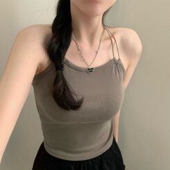 ノースリーブ ストリングレイヤードクロップホルターネックキャミソール KHAKI