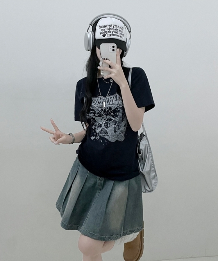 ビンテージセミクロップ半袖Tシャツ NAVY