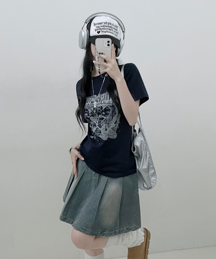 ビンテージセミクロップ半袖Tシャツ NAVY