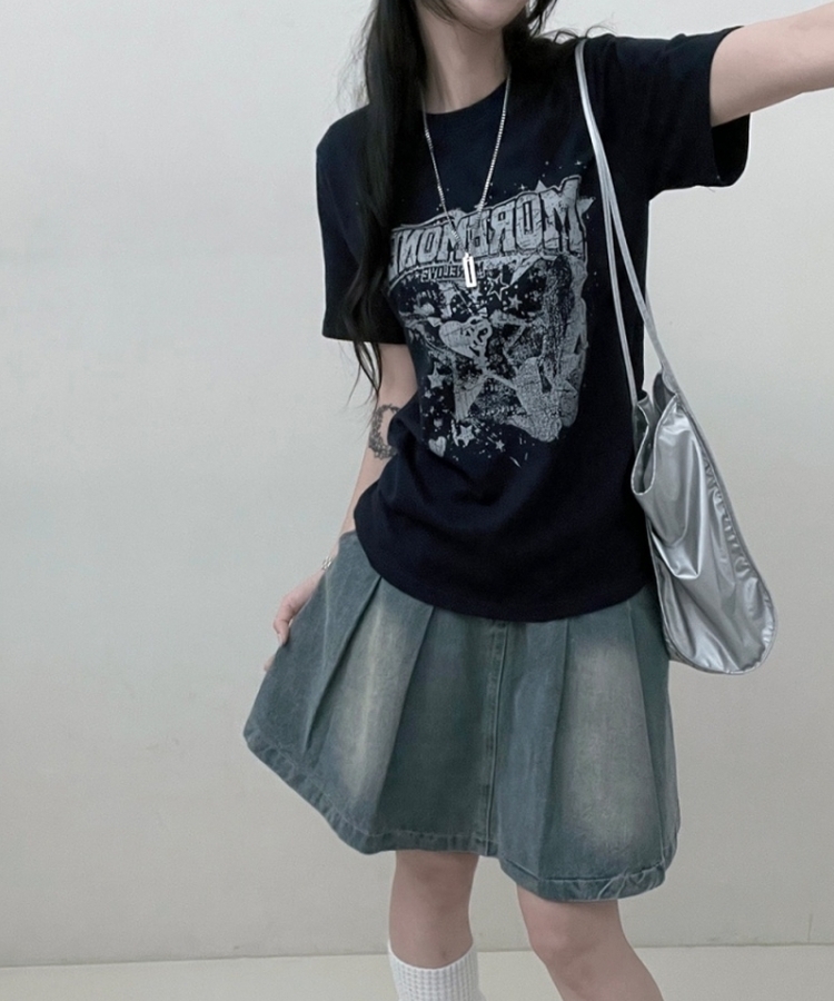 ビンテージセミクロップ半袖Tシャツ NAVY