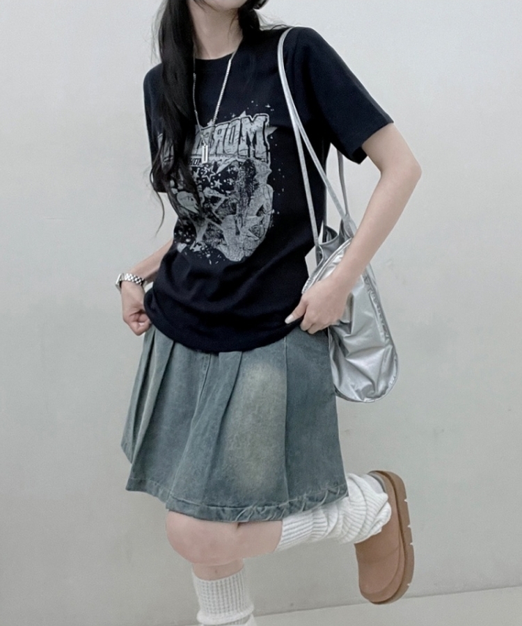 ビンテージセミクロップ半袖Tシャツ NAVY