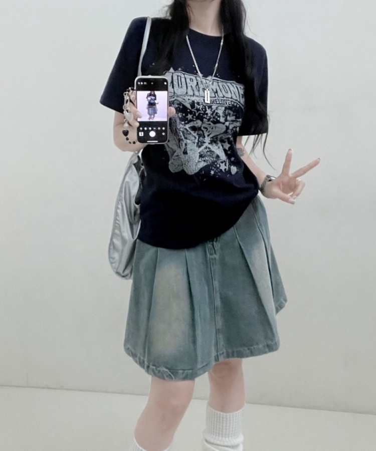 ビンテージセミクロップ半袖Tシャツ NAVY